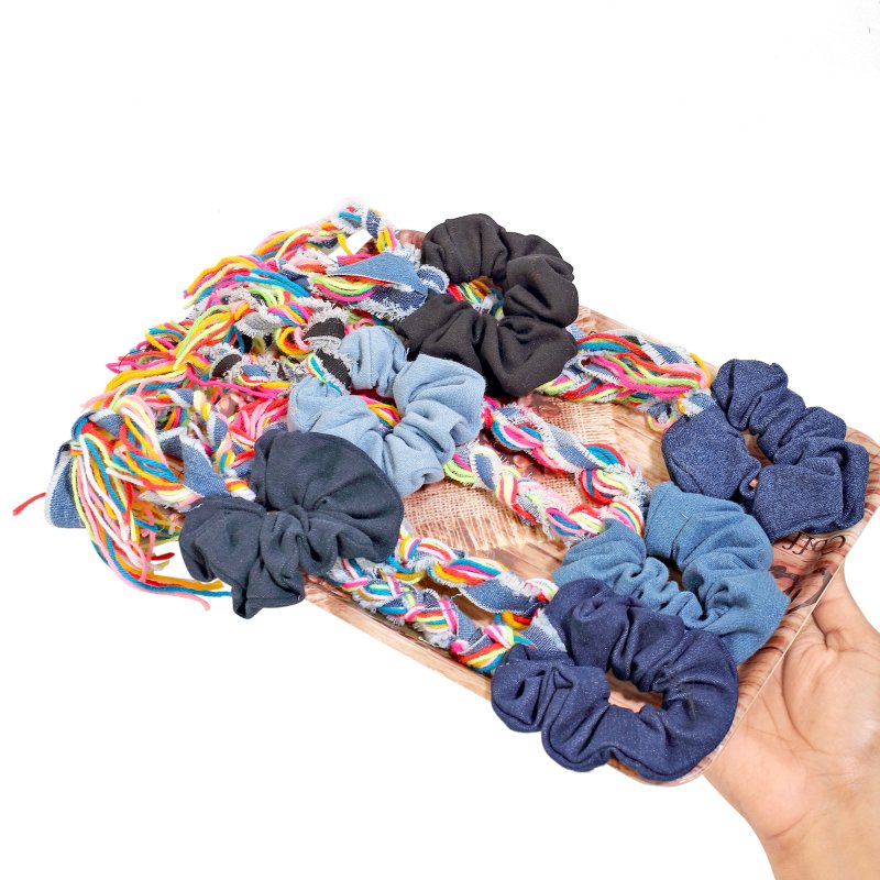Denim Dangle Scrunchie for Women and Girls | Pack of 6 |