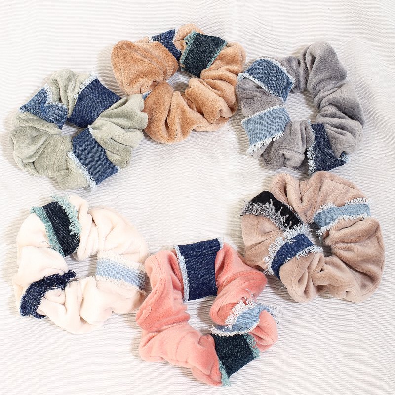 Velvet Denim Blooms Hair Scrunchies for Women and Girls | Pack of 6 |