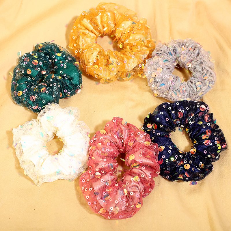 Radiant Net Shiny Sequin Hair Ties for Women and Girl | Pack of 6 |