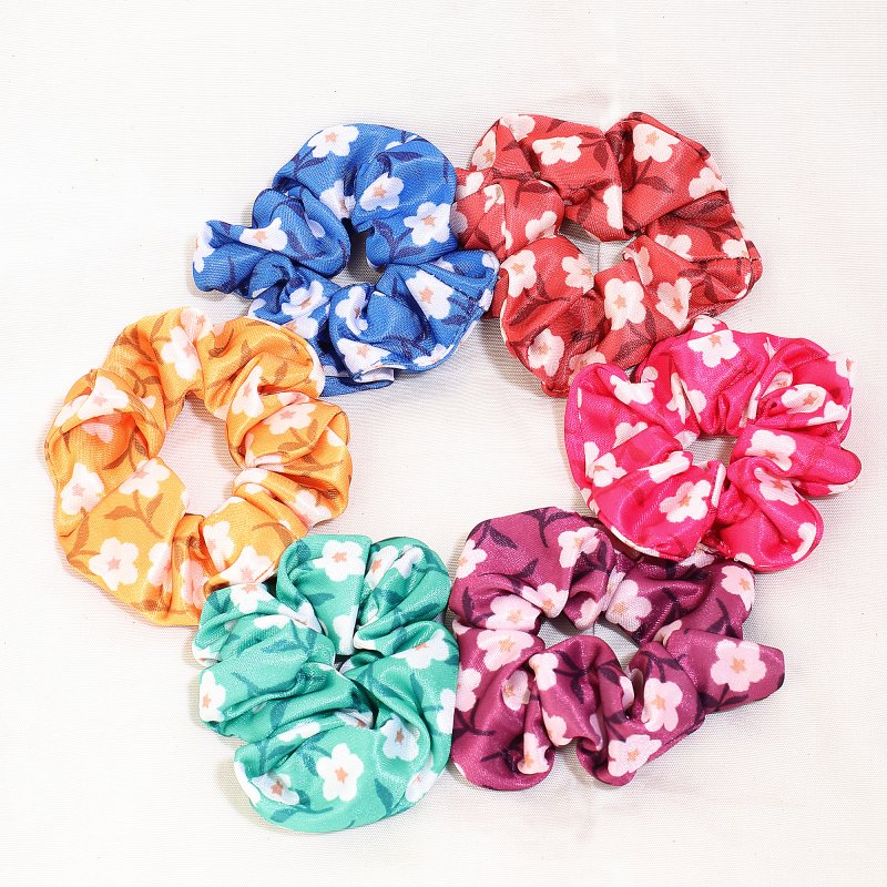 Lycra With White Flower Hair Scrunchies for Women and Girls | Pack of 6 |